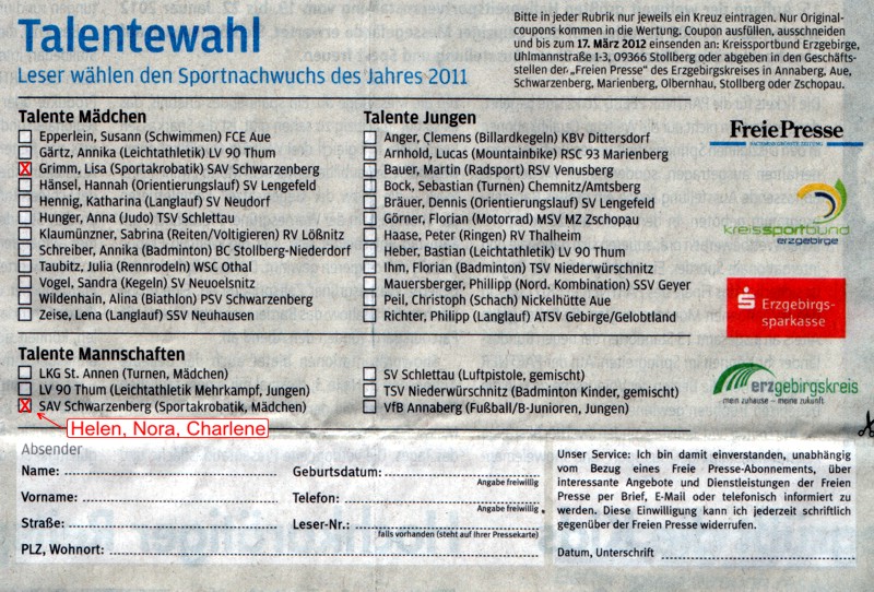 Stimmzettel für die Talentewahl 2011